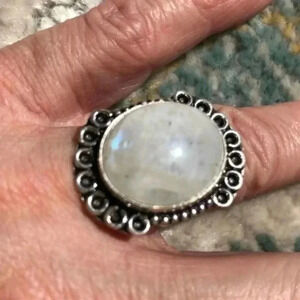 SIZE 7 Large Rainbow Moonstone 925 Sterling Silver Ring NWT New